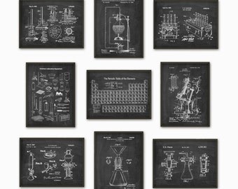 Science Patent Prints Set of 9 - Chemistry Wall Art - Periodic Table Microscope Laboratory Equipment Poster Set Of 9 - Chemist Gift Idea