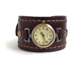 Leather cuff watch for women Women round watch Dark brown leather watch Summer trending gifts Women watch wrist Hand stitched watch band