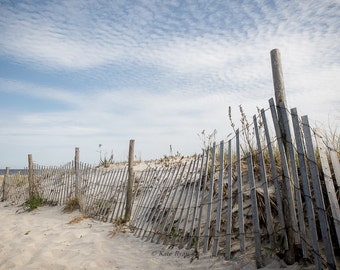 Beach Photography, Seascape Art, Beach Print, New Jersey Beaches, Sand Dunes, Sand Dune Fence, Beach House Decor, Blue Gray Neutral Tones