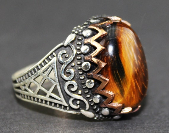 Sterling silver and bronze men ring tiger eye by FalconJewelry