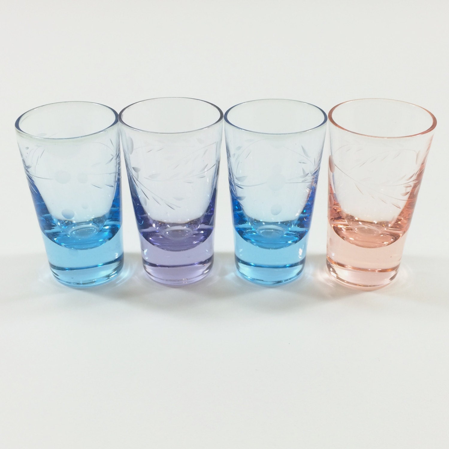 Vintage Multi Color Etched Shot Glasses In Blue Purple And