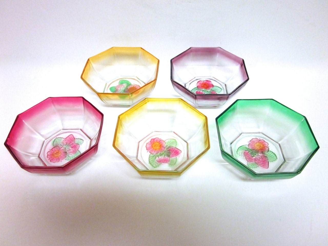 Vintage Set Of 5 Colored Glass Dessert Bowls With Strawberry