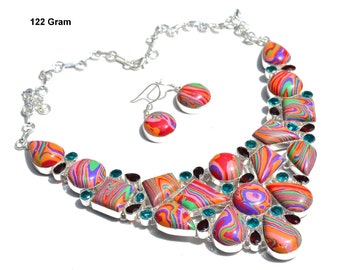 Beautiful Premium 925 Sterling Silver Statement Necklace 122 Gram With Fine Quality Red Turquoise,Garnet,Apatite Gemstone,Best For Gift
