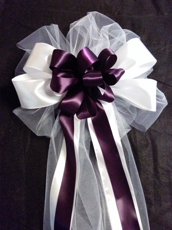 Items Similar To Wedding Pew Bows Any Color Or Purple And White Satin With Tulle And Streamers