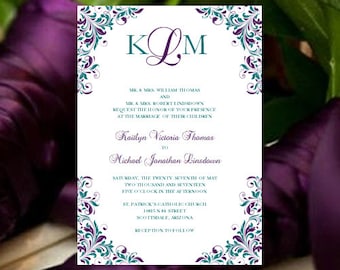 Peacock Purple & Teal Wedding Invitation "Kaitlyn" Printable Template Make Your Own Invitations All Colors Av Instant D Word.doc DIY U Print