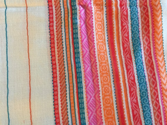 A beautiful, pure Sheep Merino Wool scarf, stole, shawl in cream with woven border and stripes weaved all over