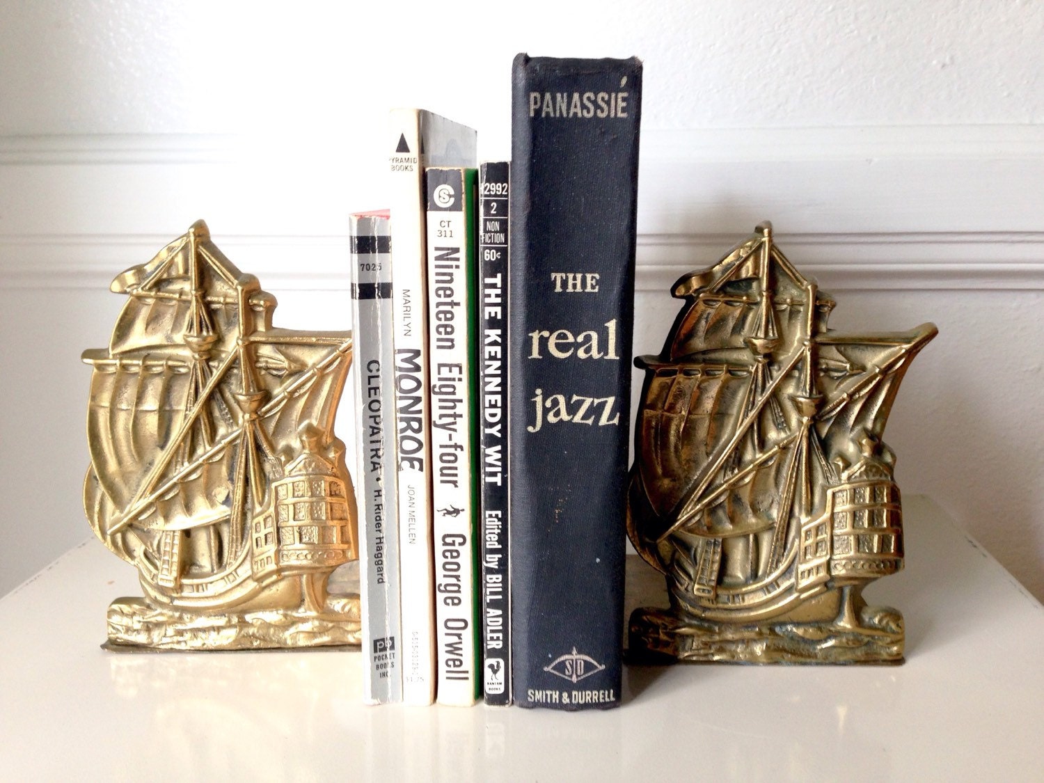 Vintage Brass Ship Bookends Gold Metal Sailing Ships