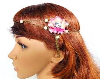 Headband / flower necklace and original wedding - bronze chain and cold porcelain flowers
