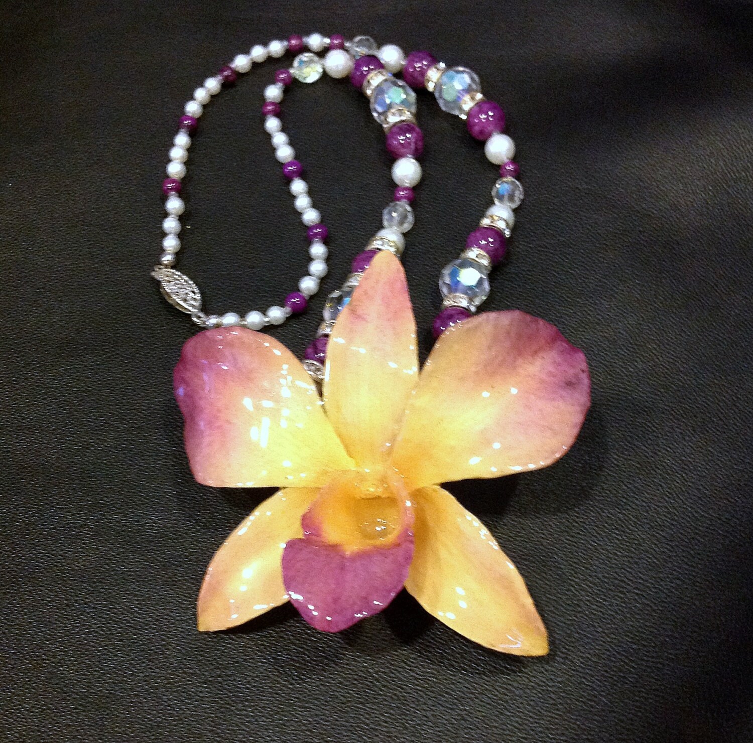 Real Orchid Swarovski Crystal & Pearl Necklace by MyThingIsBling