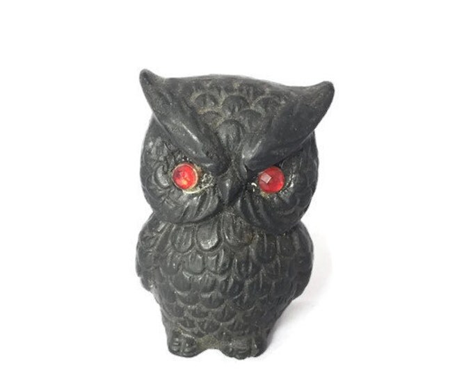 Black Owl Figurine Hand Crafted From Coal Blue Rhinestone Eyes - Made in USA