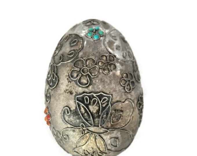 Antique Silver Ornament - Chinese Decorated Egg - with Turquoise and Coral - Butterflies and Flowers - Vintage Home Decor