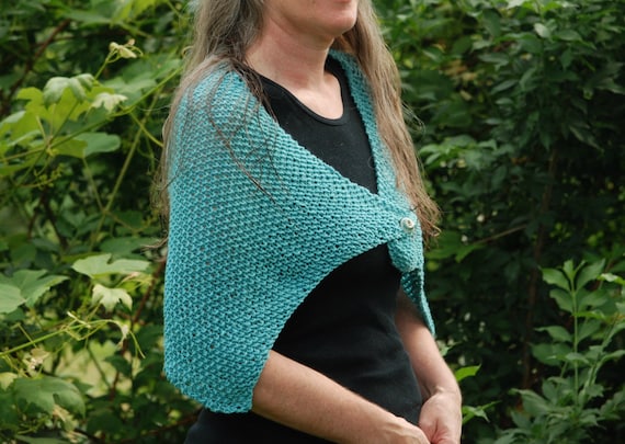 Knit summer shawl, capelet, summer wrap,evening wrap, teal, sea blue green cotton and merino lace