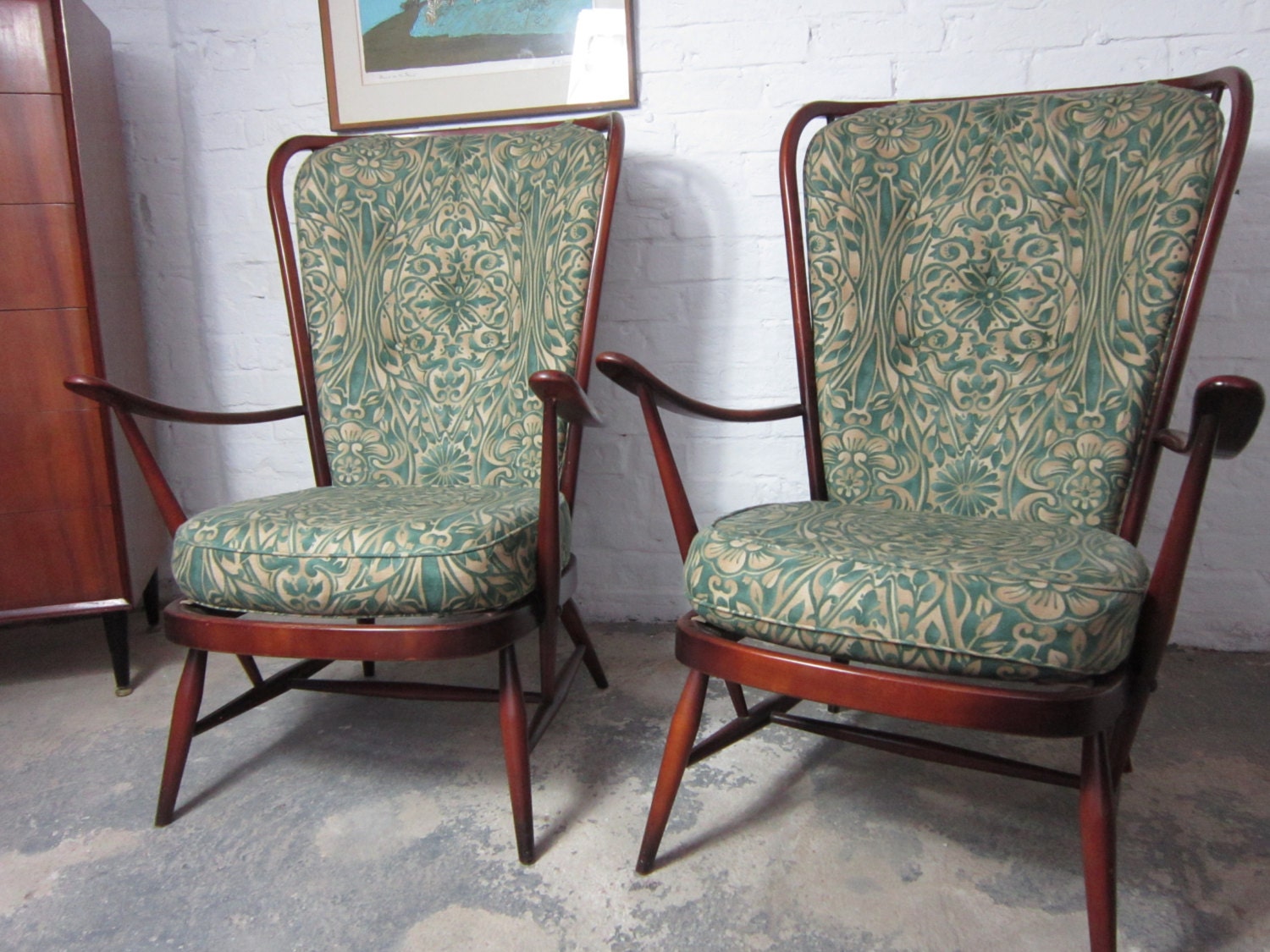 Pair of Ercol High Back Windsor arm chairs. Haute Juice
