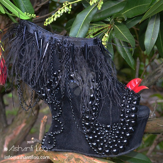 Ladies beautiful 'Black Swan' gothic victorian vamp feather heel less shoes by AshantiLou steampunk buy now online
