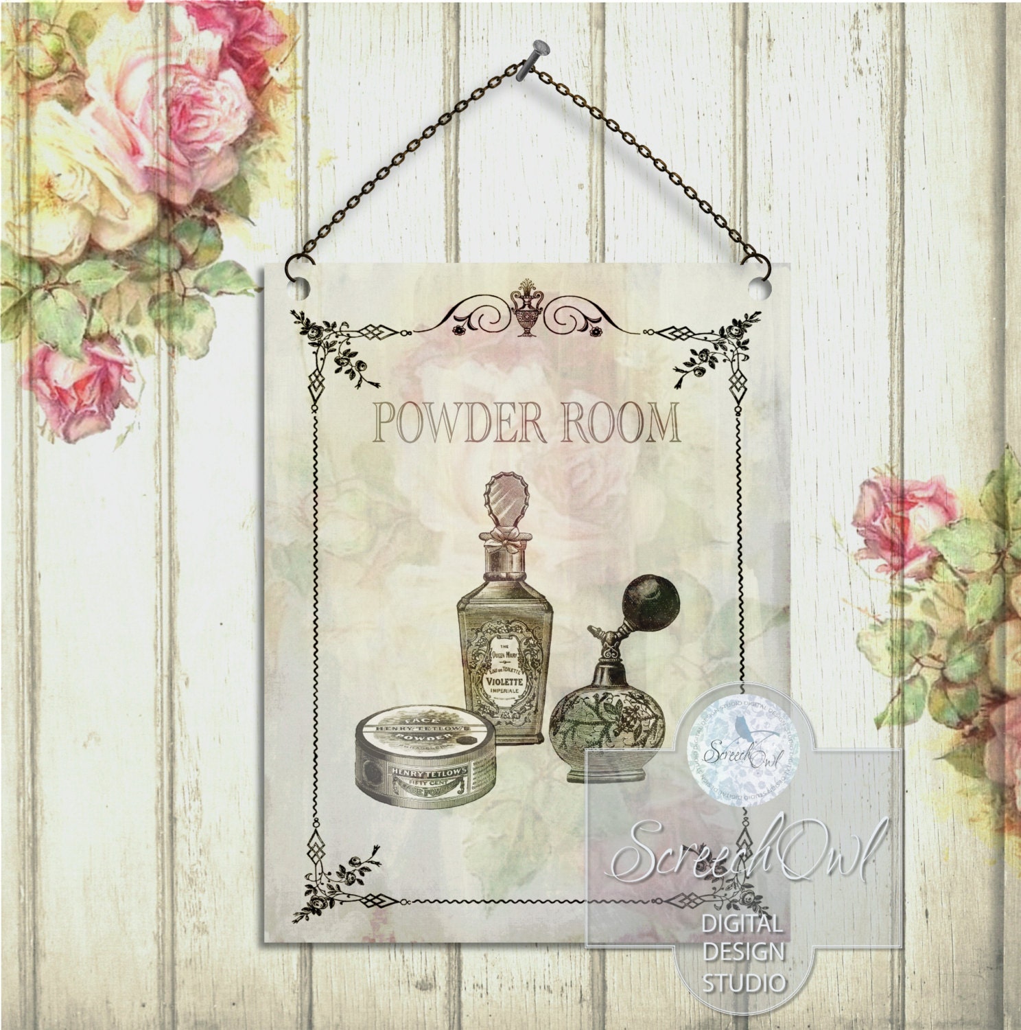 Wall Sign Powder Room Bathroom Typography Vintage