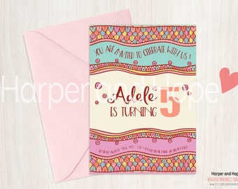 Boho style Multicolor Adele 5th Birthday Invitations - Printables - costumizable - painting party birthday - print at home