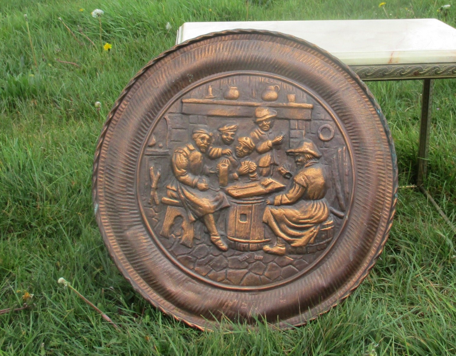 Large Vintage Red Copper Wall Plate Decorative Breughel Scene