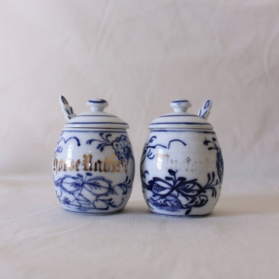 Vintage Set of Blue Onion Condiment Jars with by botanyboutique