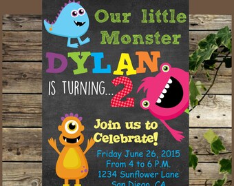 Little Monster Birthday Party Invitation, Chalkboard Monsters Kids Birthday Party Invite, Printable Invite, Little Monster Frist Birthday