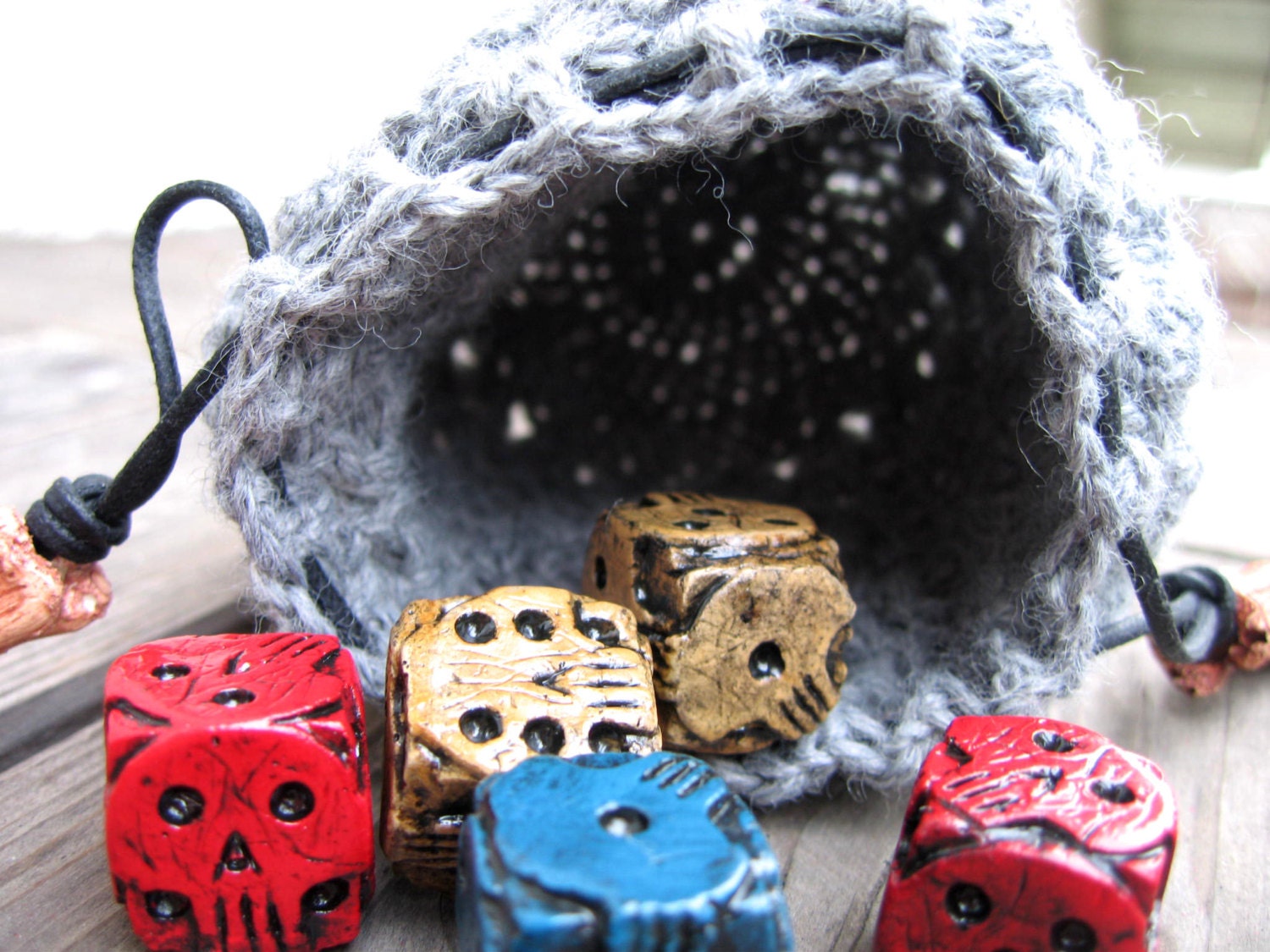 Crochet dragon scale dice bag grey wool drawstring pouch