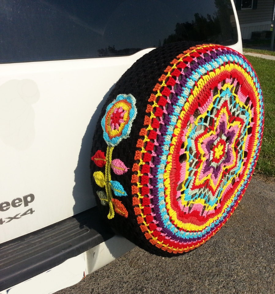 Crochet Spare Tire Cover WITH side flower multi color custom