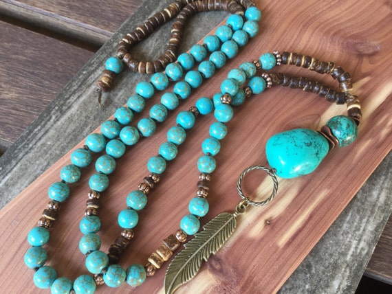 Turquoise Boho Feather Necklace Hand Knotted/ by Ivanwerks on Etsy