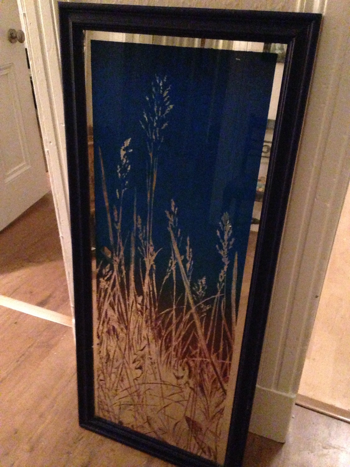 Large Upcycled Blue Framed Pampas Grass Mirror by Valadon1923