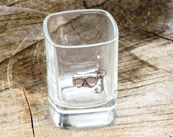 Pair of Divers Snorkle Mask Shot Glasses Crystal with Pewter Motifs Ideal Gift