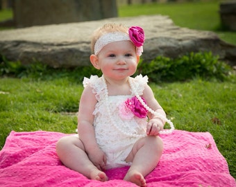 Pink 1st birthday outfit. Baby lace romper set -Cake smash outfit-2nd birthday outfit. Girls Lace Romper- Baby Romper-Lace petti romper,