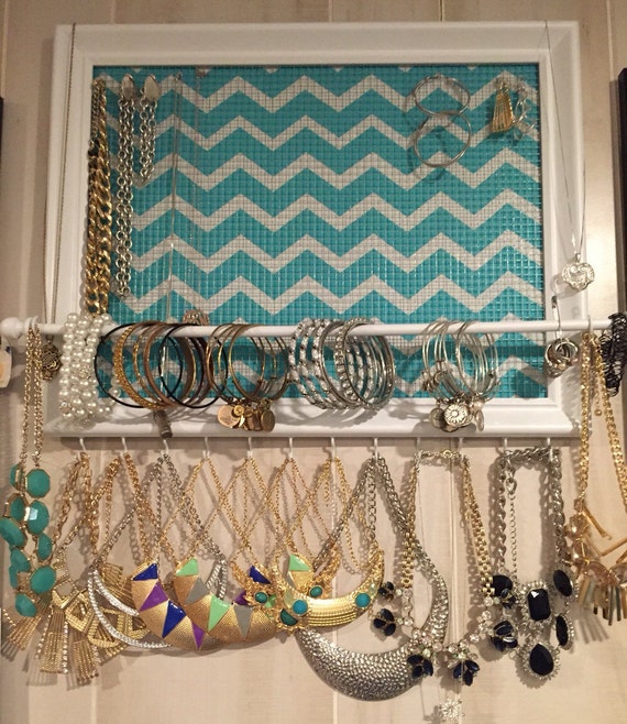 Custom Teal Chevron framed jewelry organizer / by RaftsCrafts