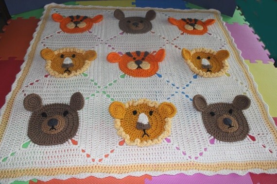 Lions Tigers and Bears Crochet blanket toddler size 36