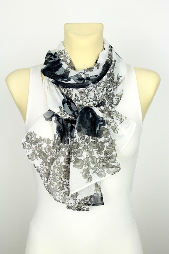 Black and White Floral Scarf Printed Fabric Scarf Boho Scarf Women Fashion Accessories Birthday Gift for Her Autumn Spring Celebrations