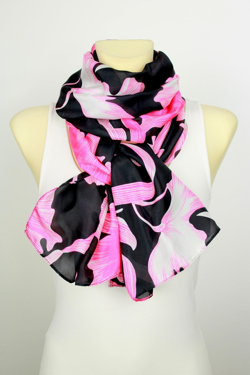 Pink and Black Floral Silk Scarf Printed Infinity Silk Scarf