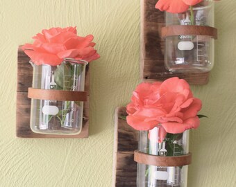 Rustic laboratory bud vase (set of 3), test tube vase, industrial flower vase, reclaimed wood vase, glass bud vase, leather bud vase
