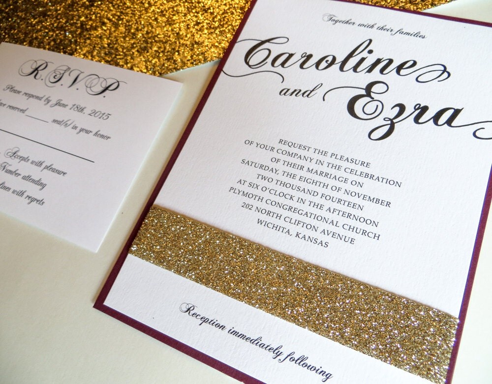 Burgundy Wedding Invitation with Champagne Glitter Ribbon