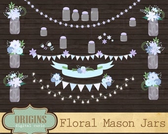 70% OFF White Mason Jars Clipart - Floral Shabby Chic Clip Art for Weddings, Save the Date, Invitations, Scrapbooking, Vectors and PNG