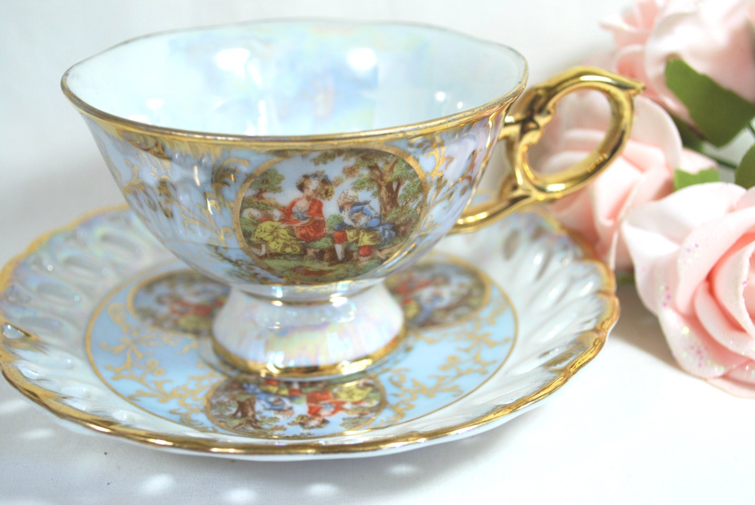 Vintage Victorian Tea cup and saucer Pale Blue and gold