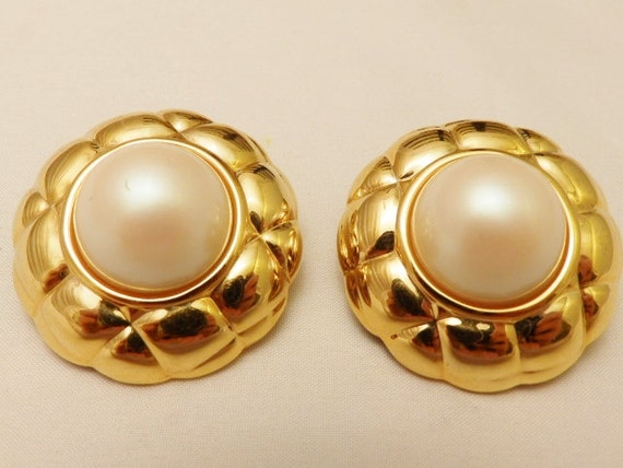 Large Vintage Faux Pearl Button Earrings Clip Ons