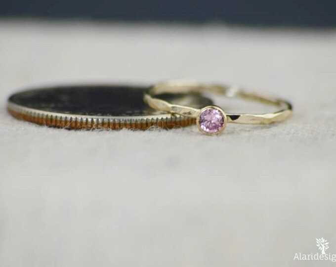 Dainty Gold Filled Pink Tourmaline Ring, Hammered Gold, Stacking Rings, Mother's Ring, October Birthstone Ring, Pink Ring, Rustic Tourmaline