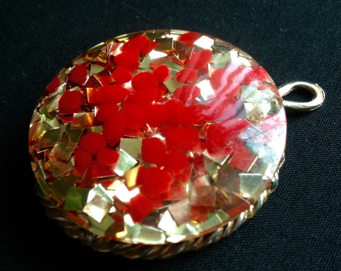 Storewide 25% Off SALE Vintage Lucite Glitter Round Designer Gold Tone Pendant Featuring Eclectic Red Speckled Design