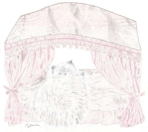 Kitty Cat in a Canopy Bed Color Pencil Drawing Original Hand Drawn Art ...