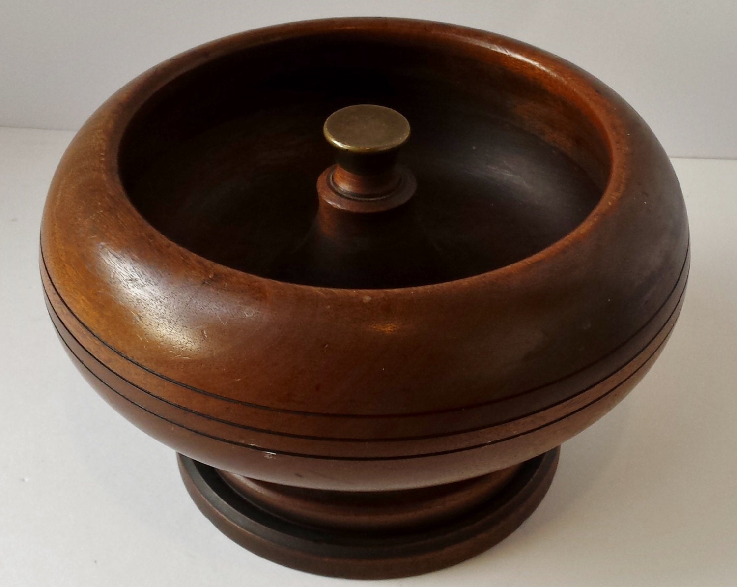 Vintage Wooden Nut Pedestal Bowl with Brass Knob