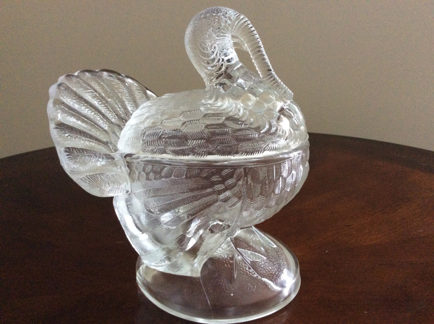 A Clear Distinctive Turkey Figural Glass Candy Dish.