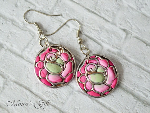 Dangling earrings spring roses Polymer clay jewelry Spring