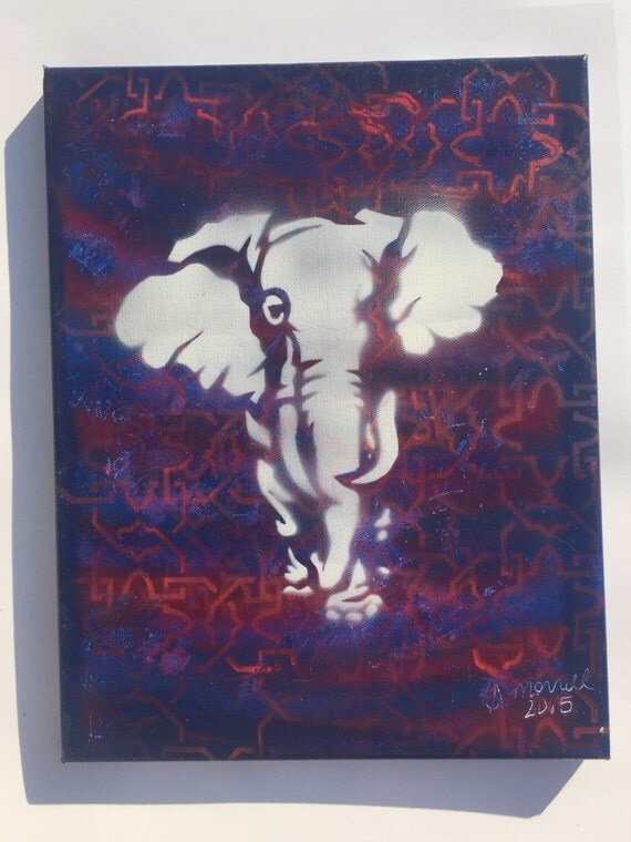 Items similar to White Elephant Painting Spray Paint Art on Canvas