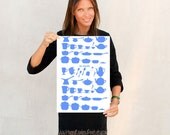 Kitchen wall art decor, cooking pots and pans large print, Bon Appetit typography, orange blue red purple green, large kitchen poster 18x24