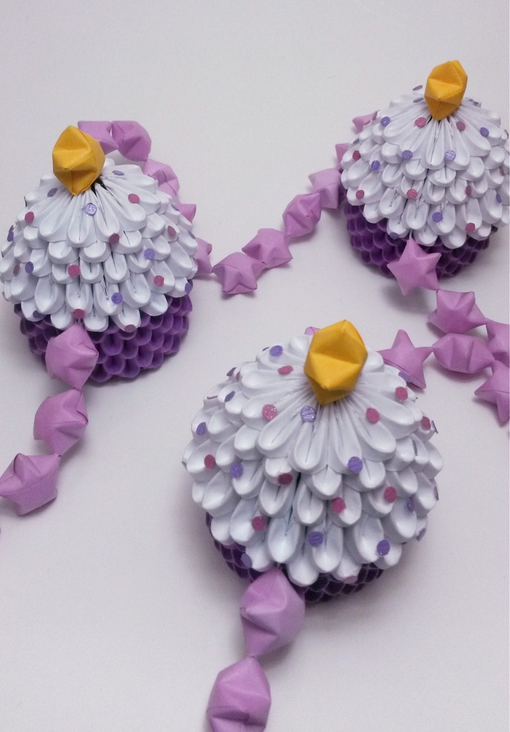 Purple 3D Origami Cupcake Garland with Pastel Purple Stars