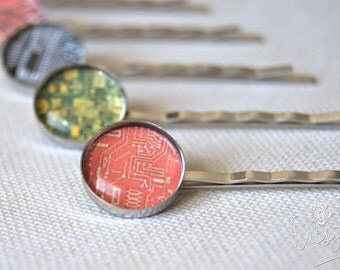 Hair clips - set of 5 circuit board, geek chic hair clips