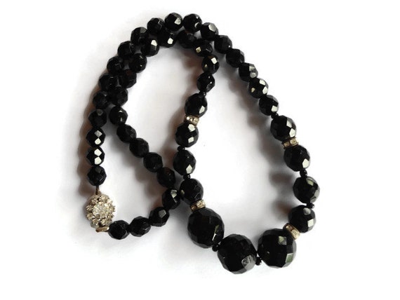 Black Glass Bead Necklace Faceted Jet Black Beads 1950s