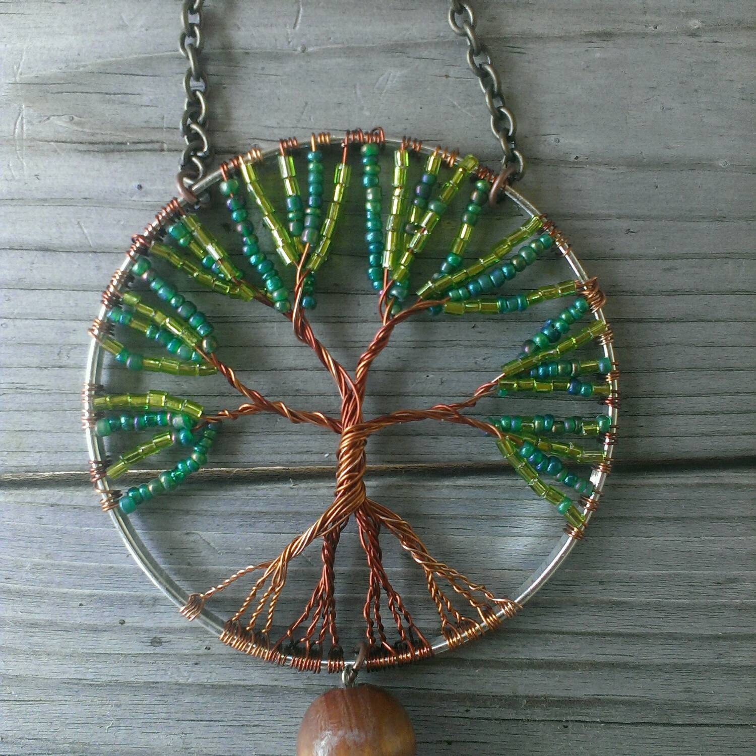 Tree of Life Dream Catcher Green Seed Bead Boho Copper Wire